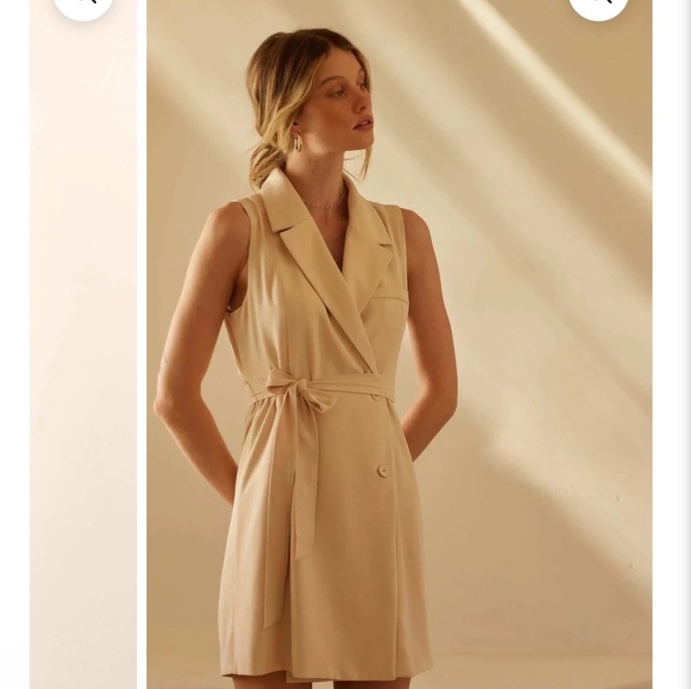 Promesa Belted Sleeveless Blazer Dress Beige Midi Size M